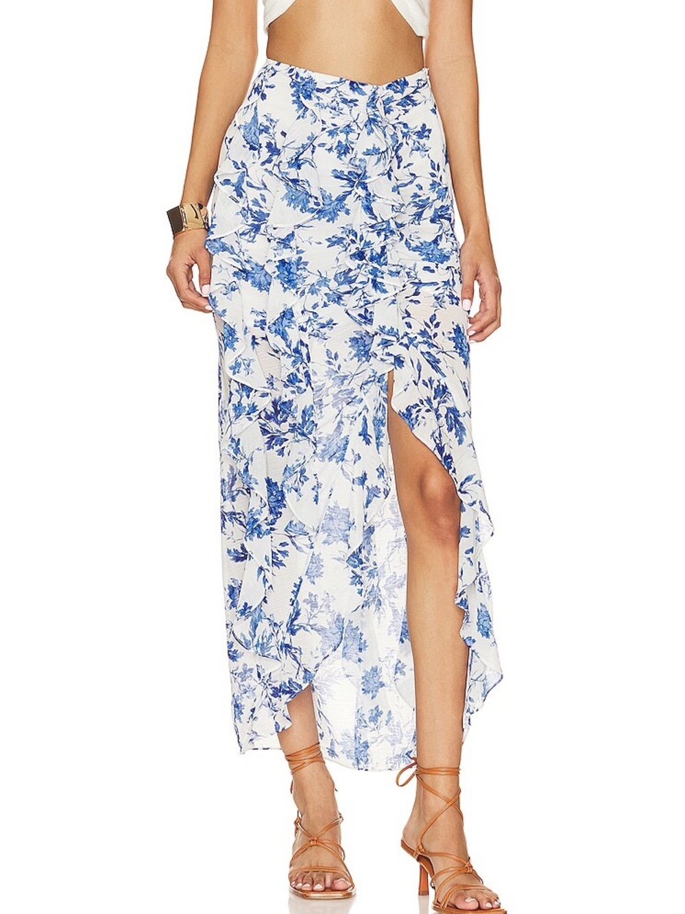 Free People Flounce Around Maxi high low Skirt Size 0 Blue White Floral Ruffle